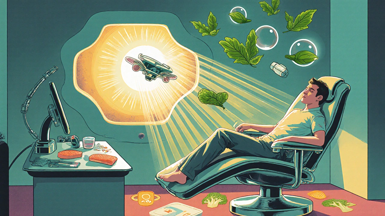 A retro-futuristic dental clinic with green tea drones attacking bacteria, vitamin D rays, and floating healthy food icons.