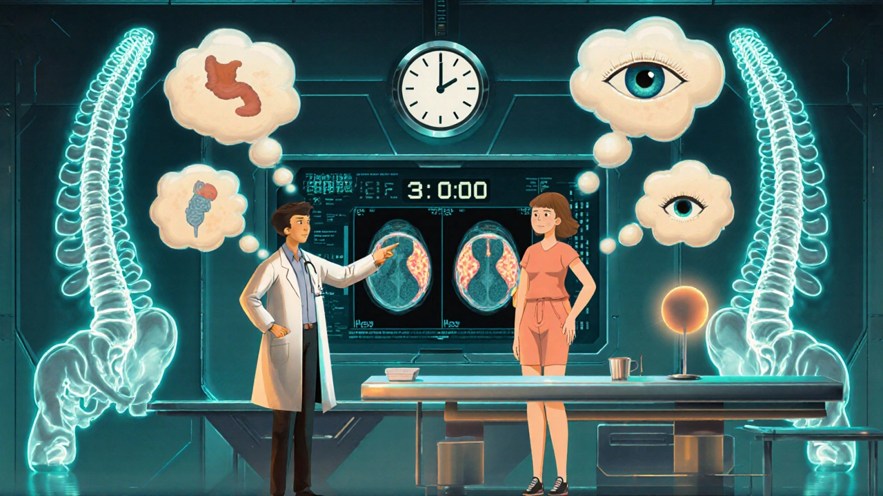 A rheumatologist points to a holographic MRI of inflamed spine in a retro-futuristic clinic at 3 a.m.