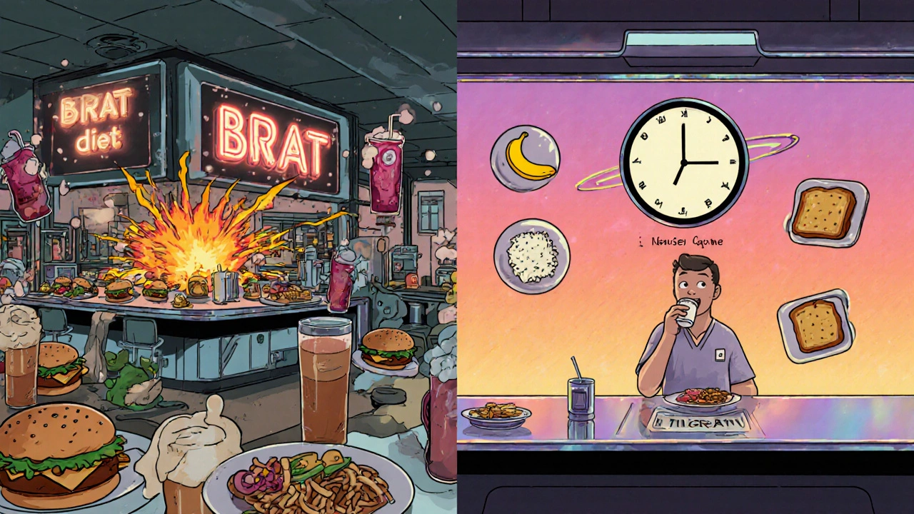 Contrasting chaotic diner vs calm space-age meal station, showing how proper eating reduces GLP-1 side effects.