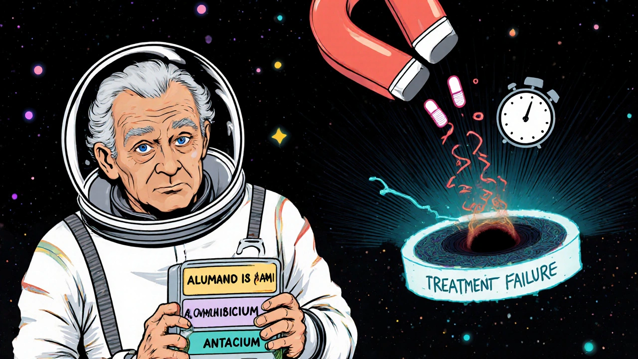 Elderly patient in space suit receiving conflicting signals from antacid and antibiotic pills.