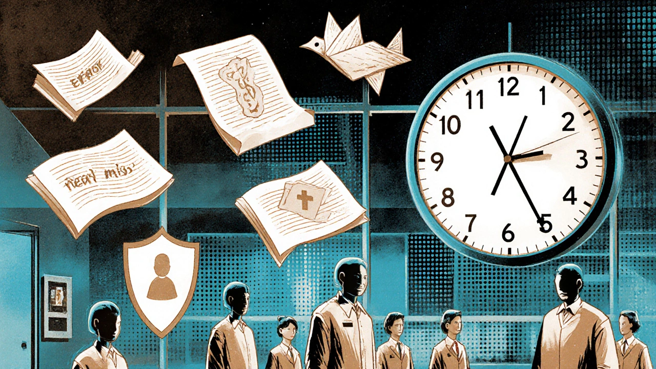 Floating medical reports transform into protective shields over anonymous figures in a transparent hospital.