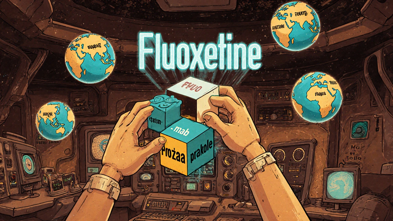 Giant Lego-like drug molecule assembled by robotic hands, with stems like -statin and -mab glowing in a vintage control room.