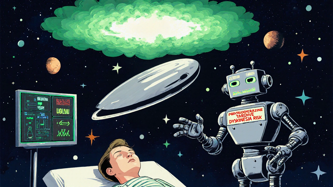 Ondansetron as a silver comet neutralizes nausea in a cosmic ER, while prochlorperazine glows with warning lights in retro-futuristic art.