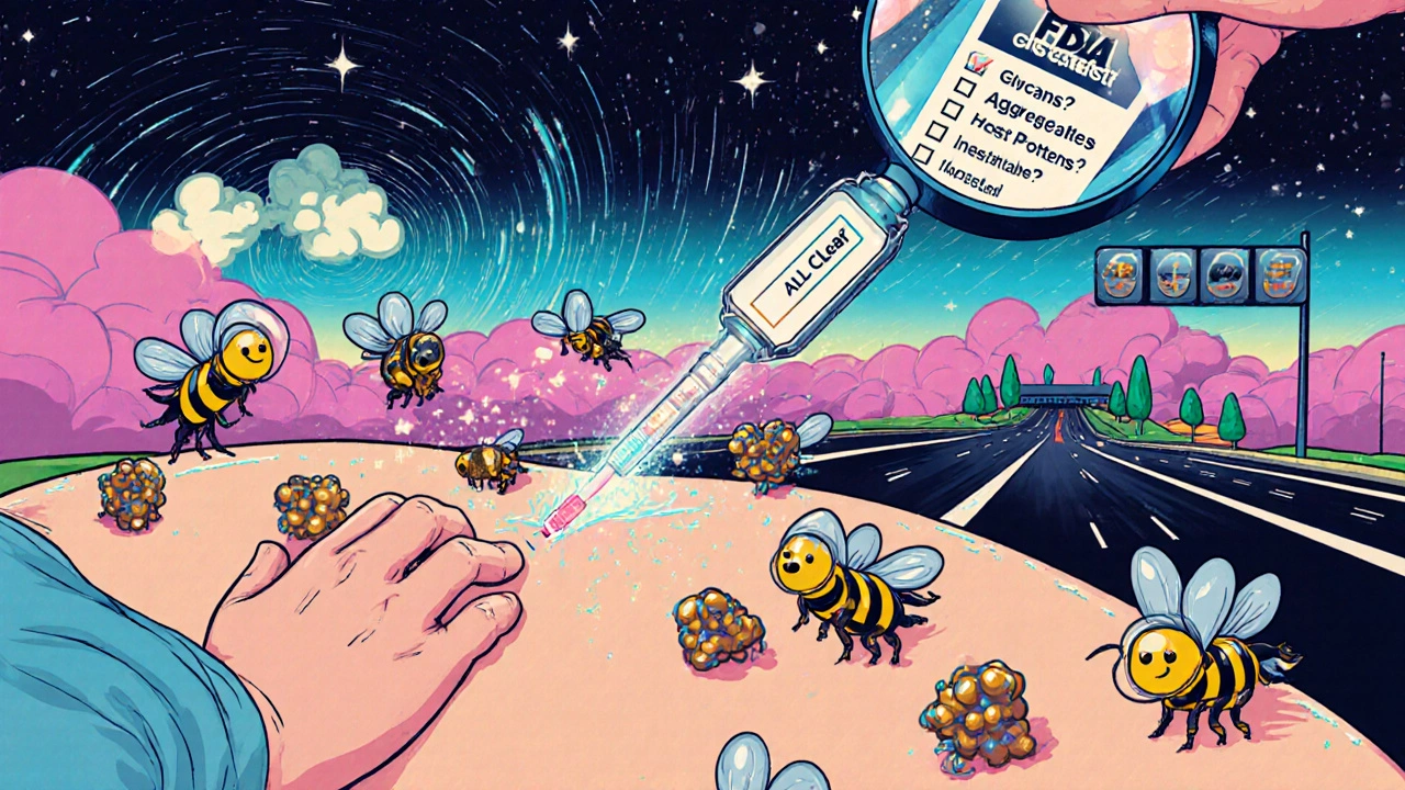 Patient receiving subcutaneous injection with cartoon immune cells swarming around injection site.