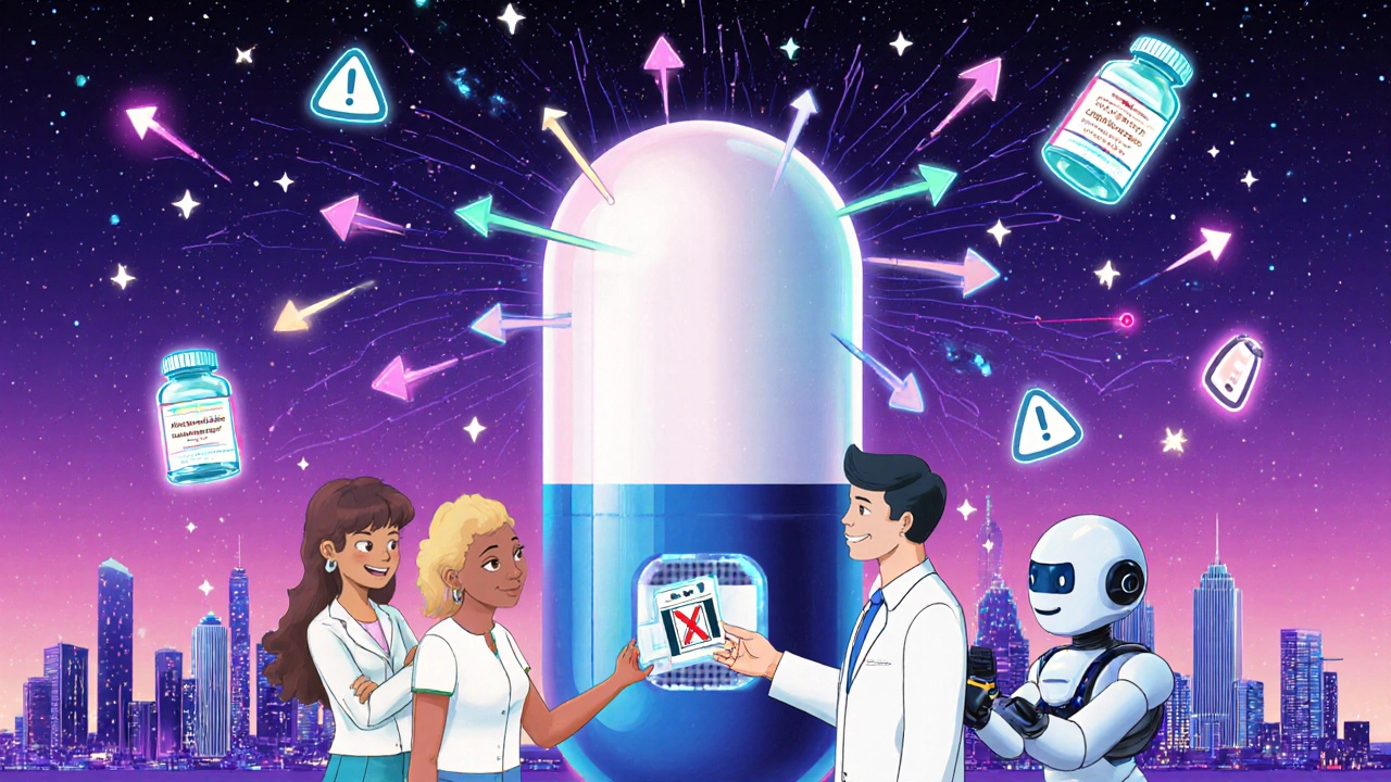 Patients submit reports through a pill-shaped kiosk as safety alerts glow above a futuristic city skyline.