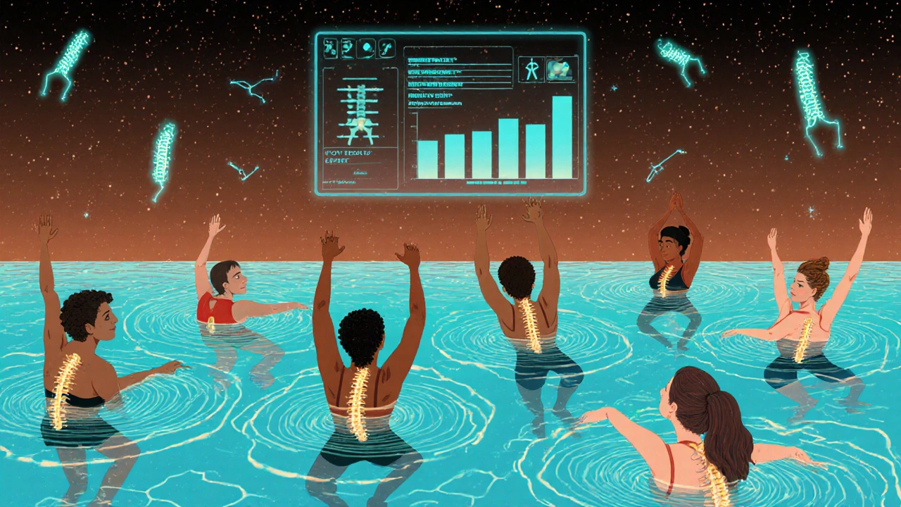 People swimming in zero-gravity pool with golden trails, digital health stats floating above them.
