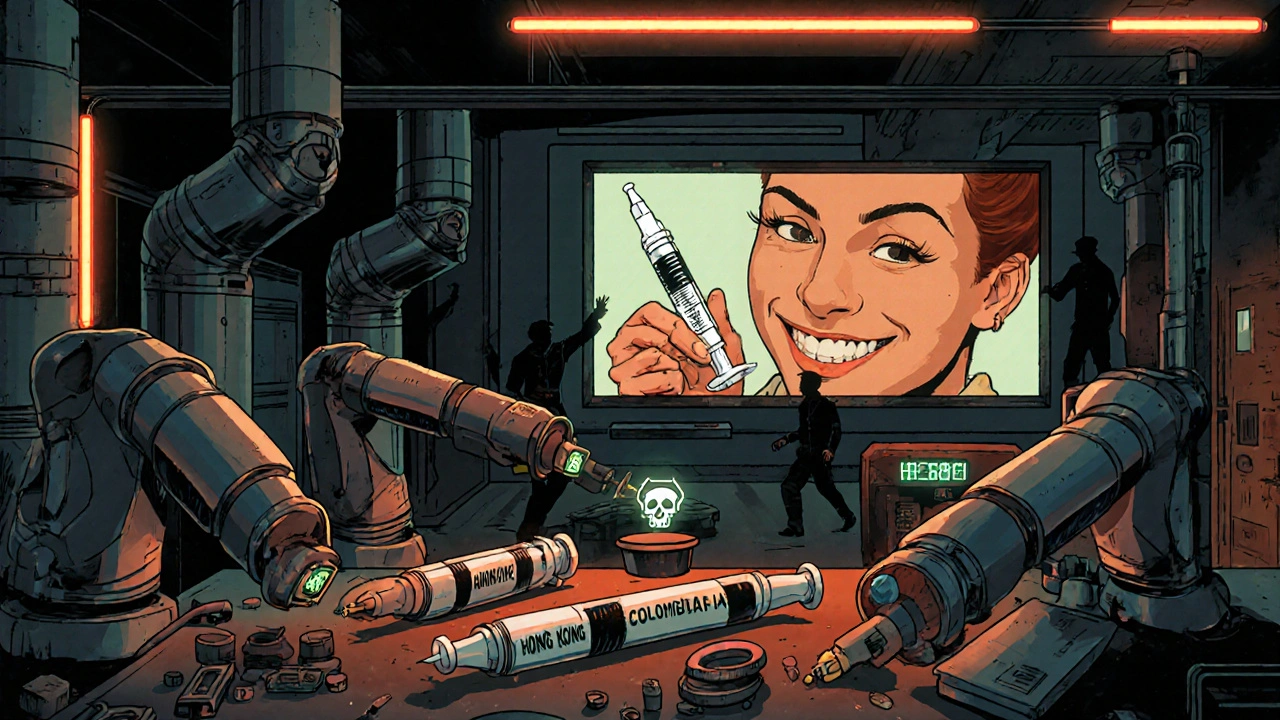 Robotic arms assembling fake injectable pens in a neon-lit underground warehouse.