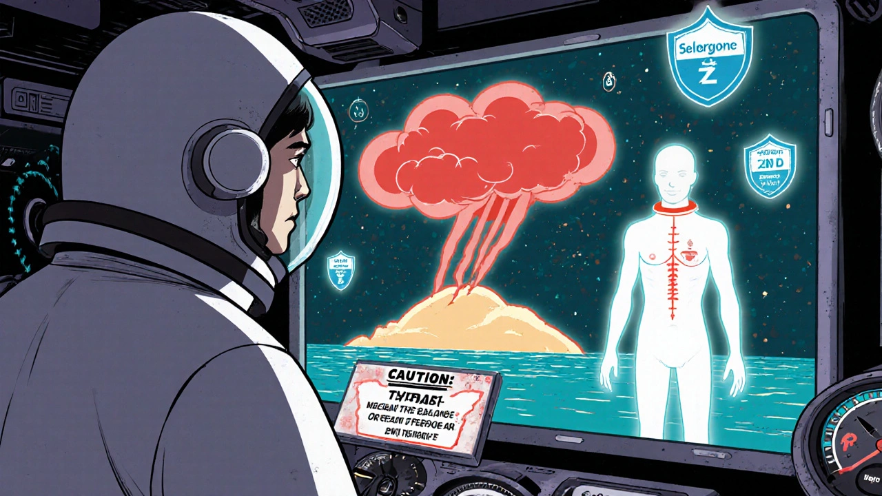 Scientist watching a holographic endocrine dashboard with antibody storm clouds, surrounded by nutrient shields and vintage medical dials.