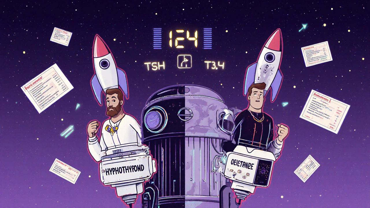 Split-panel cartoon showing a rusty thyroid engine versus a sleek one, with hormone readouts and retro-futuristic tech in pastel space tones.