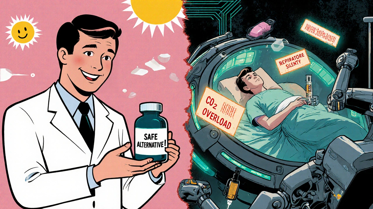 Split scene: a cheerful 1960s doctor handing pills vs. the same patient unconscious in a high-tech ICU with warning holograms.