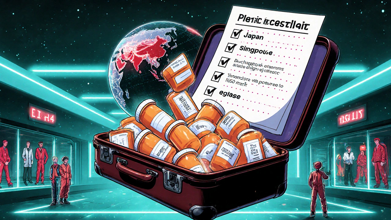 Suitcase exploding with prescription bottles as a neon checklist hovers above a world map with red alerts.