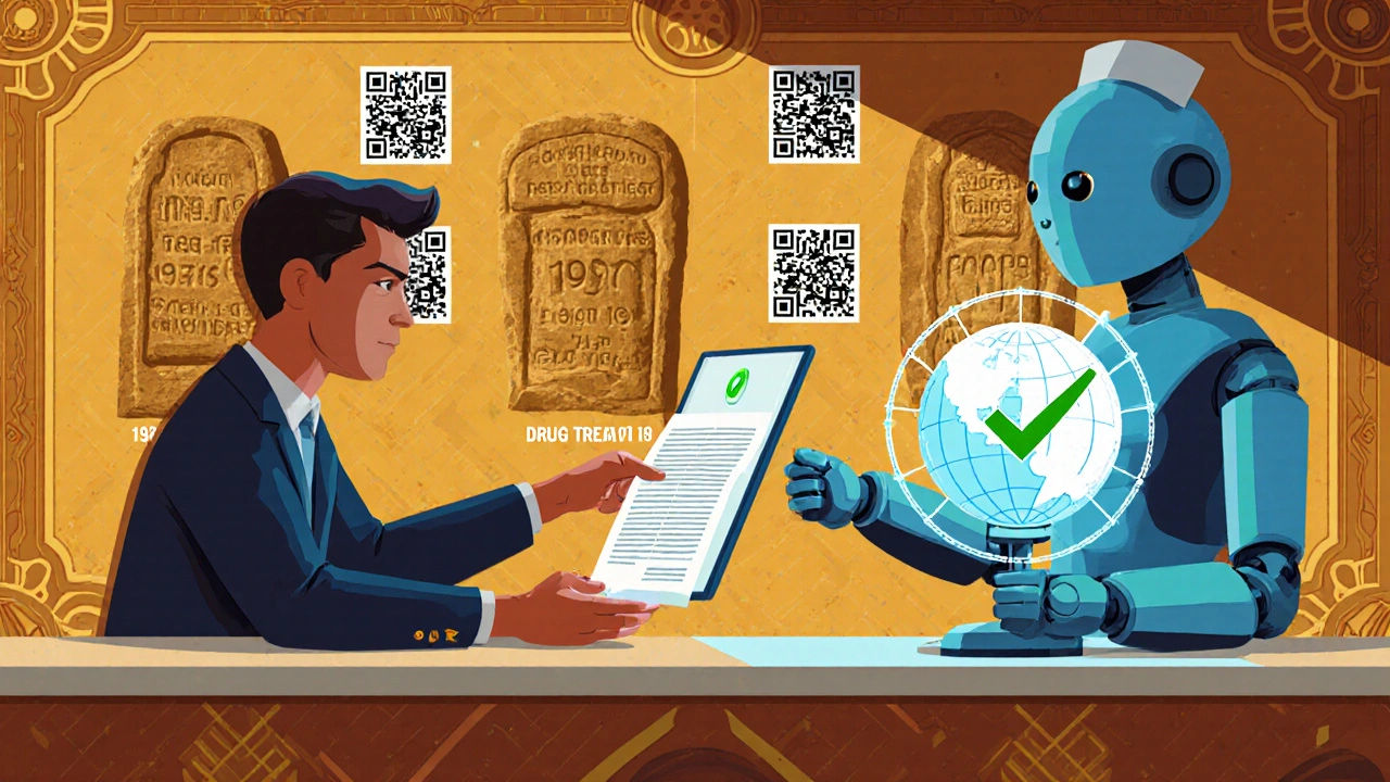 Traveler at clinic receiving a holographic approval from a robotic nurse over a treaty mural.