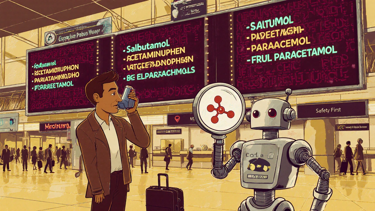 Traveler with inhaler in airport, surrounded by neon signs showing conflicting drug names, helped by a robot pharmacist.