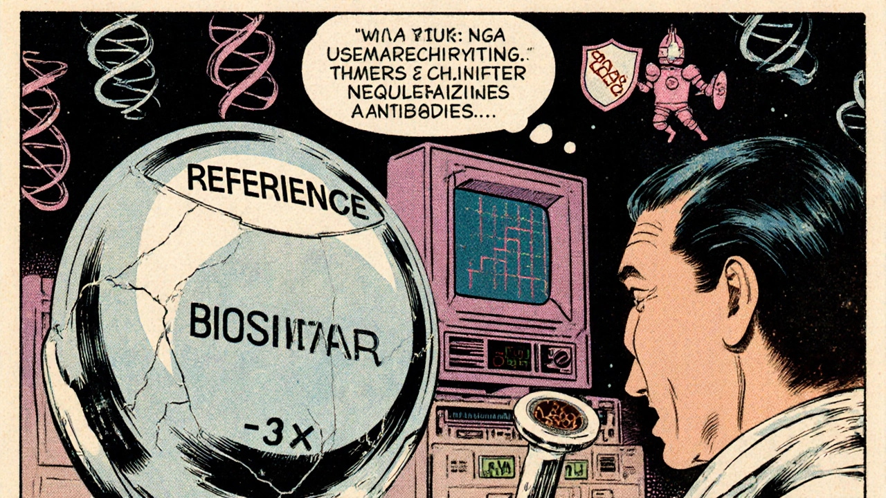 Two side-by-side biologic drugs, one smooth, one with glittering sugar crystals, under FDA magnifying glass.