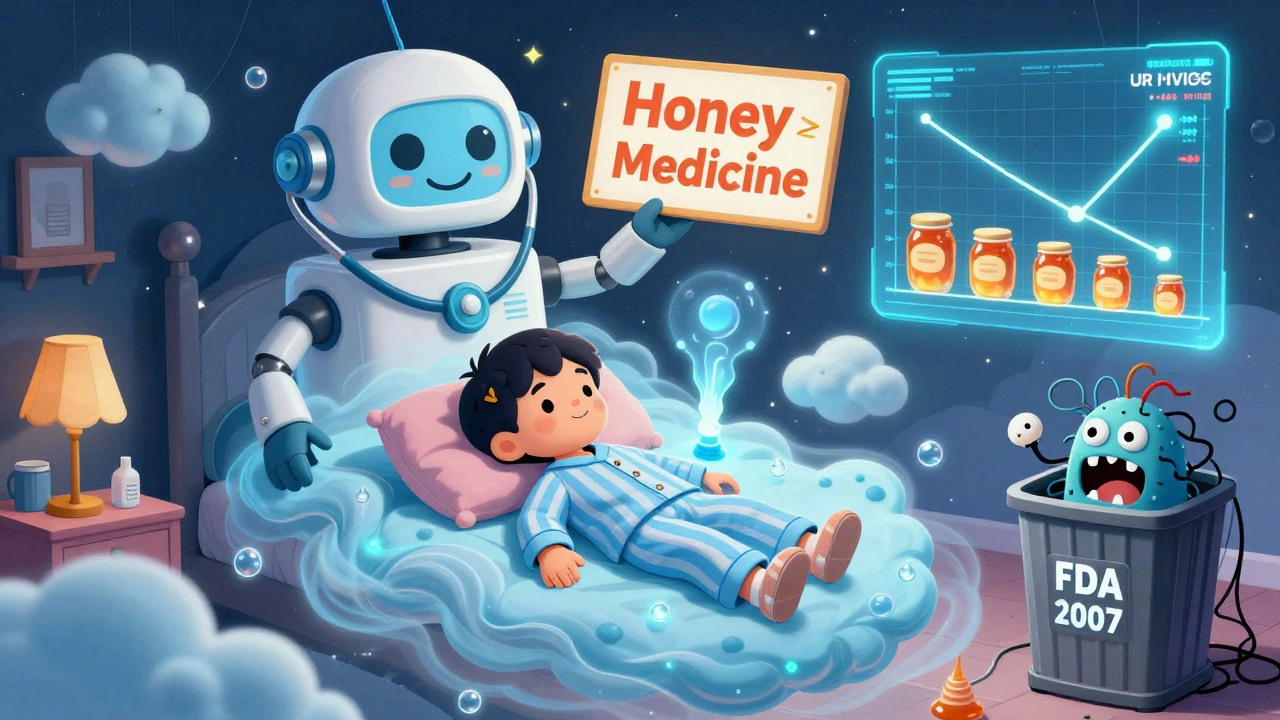 A child floats peacefully surrounded by glowing saline droplets and friendly mist creatures, while a robot holds a &#039;Honey &gt; Medicine&#039; sign.