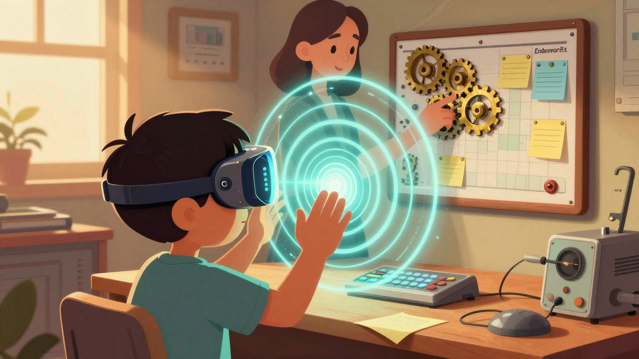 A child playing a glowing attention-training video game while a parent uses a mechanical planner, in a sunlit retro-futuristic room.