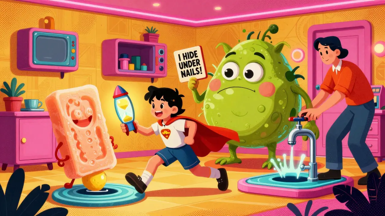 A child uses a rocket-shaped timer as a cartoon germ is chased by a soap superhero in a 70s-inspired home.