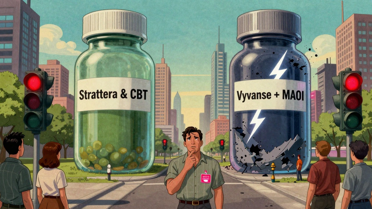 A dystopian city where citizens choose between safe ADHD treatment and a dangerous drug combo, illustrated in vintage comic style.