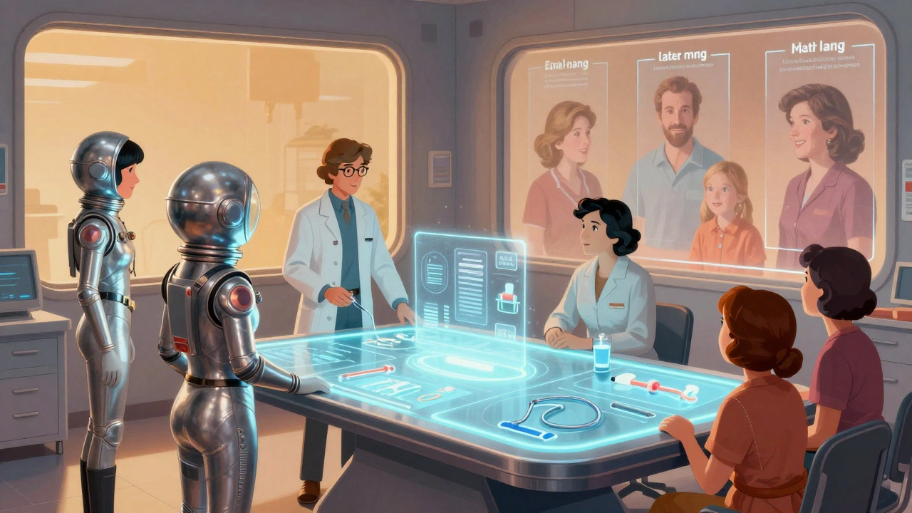 A futuristic care team reviews holographic HD plans with a family in a retro-futuristic clinic.
