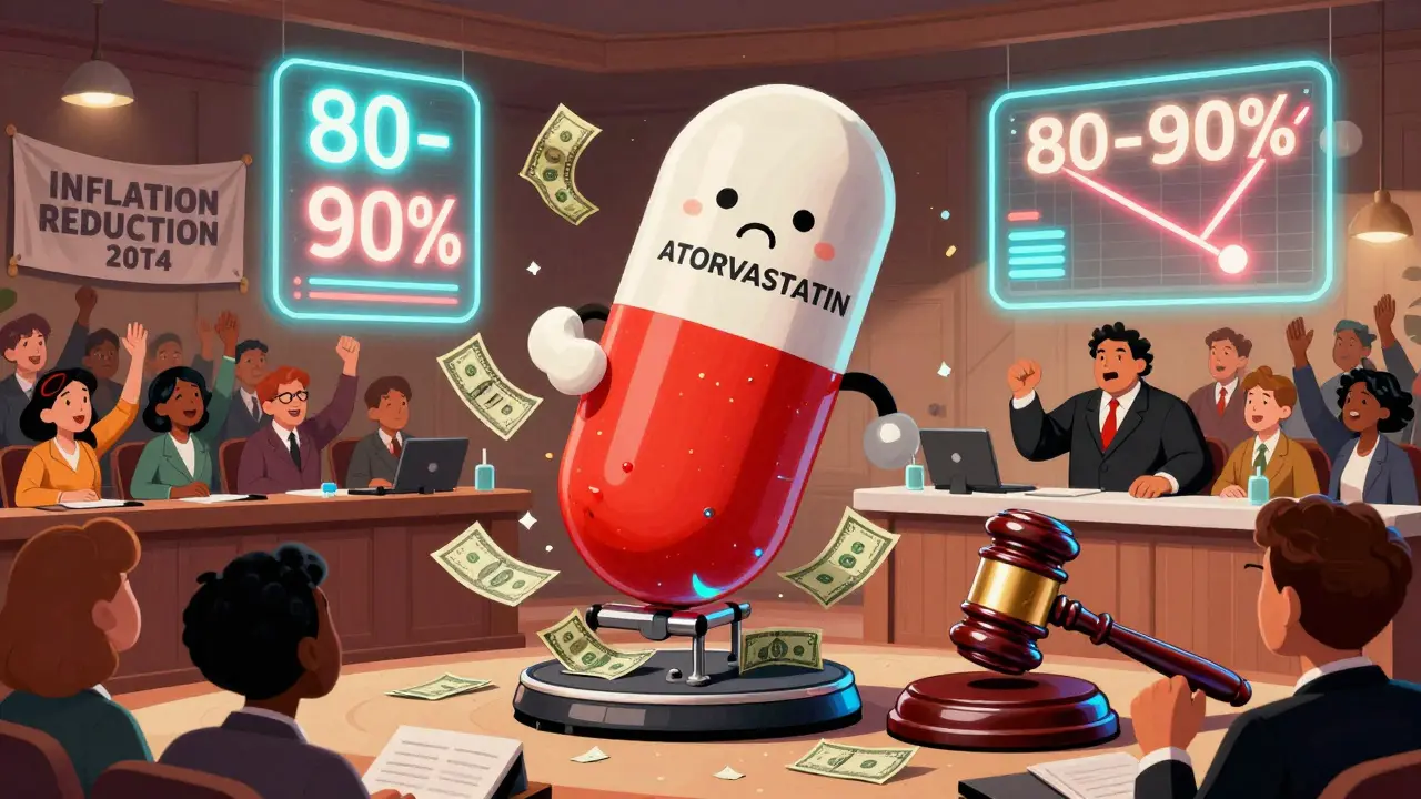 A giant generic pill crushes a brand-name pill on a scale, with neon price drop graphics and a holographic Medicare gavel in the background.