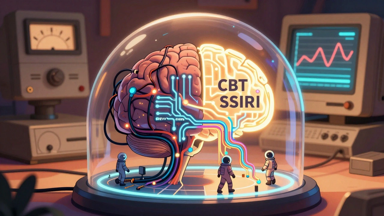 A glowing brain with neural pathways being repaired by tiny figures, showing CBT and SSRI connections.
