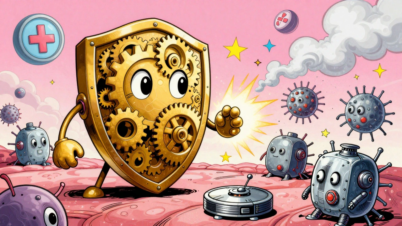 A golden antibody shield protecting nerves from robot-like macrophages in a stylized human body scene.