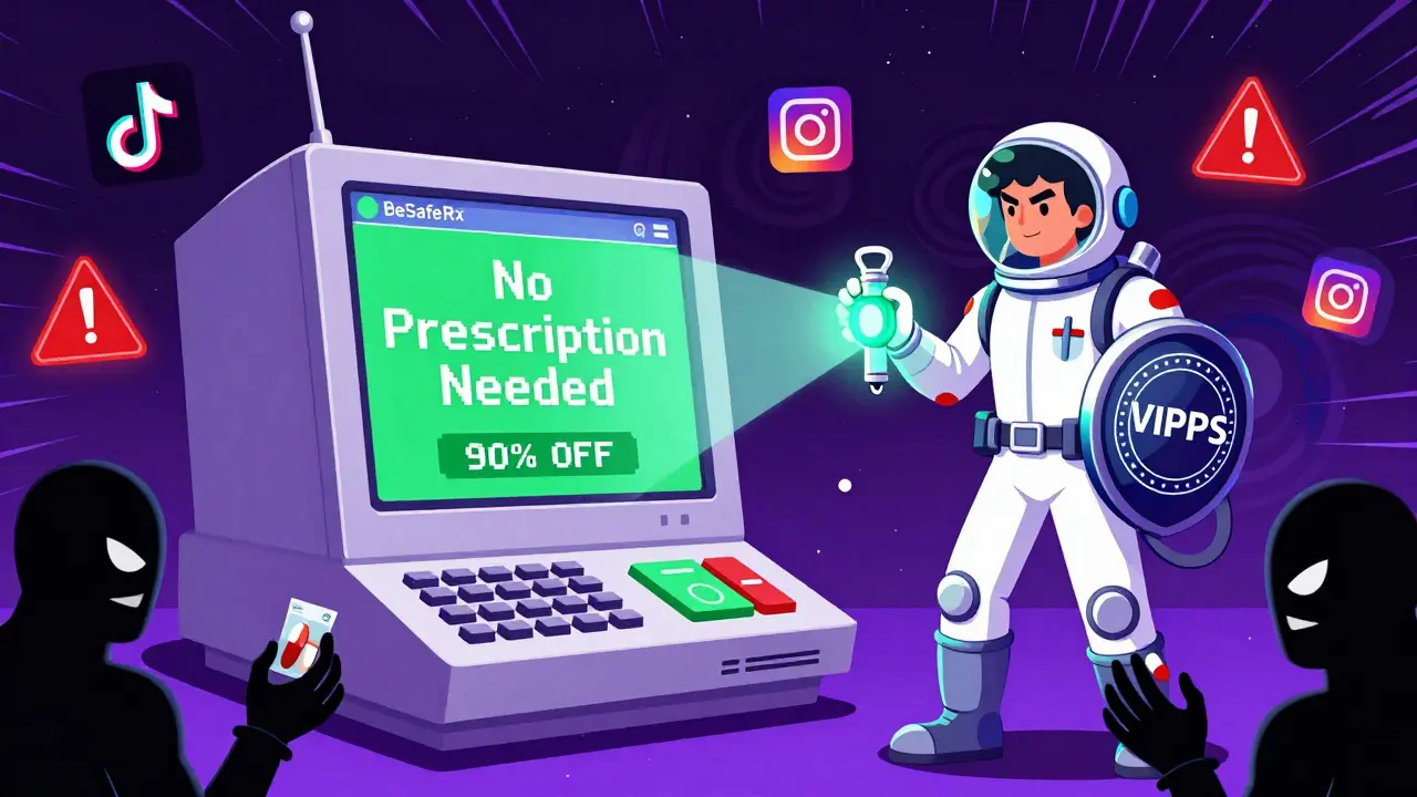 A heroic pharmacist defends against a fake online pharmacy website with a VIPPS shield, surrounded by warning icons.