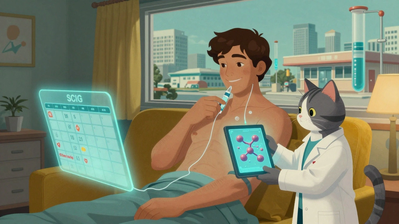 A patient giving themselves SCIG at home, surrounded by holographic infusion schedules and a helpful robot cat.