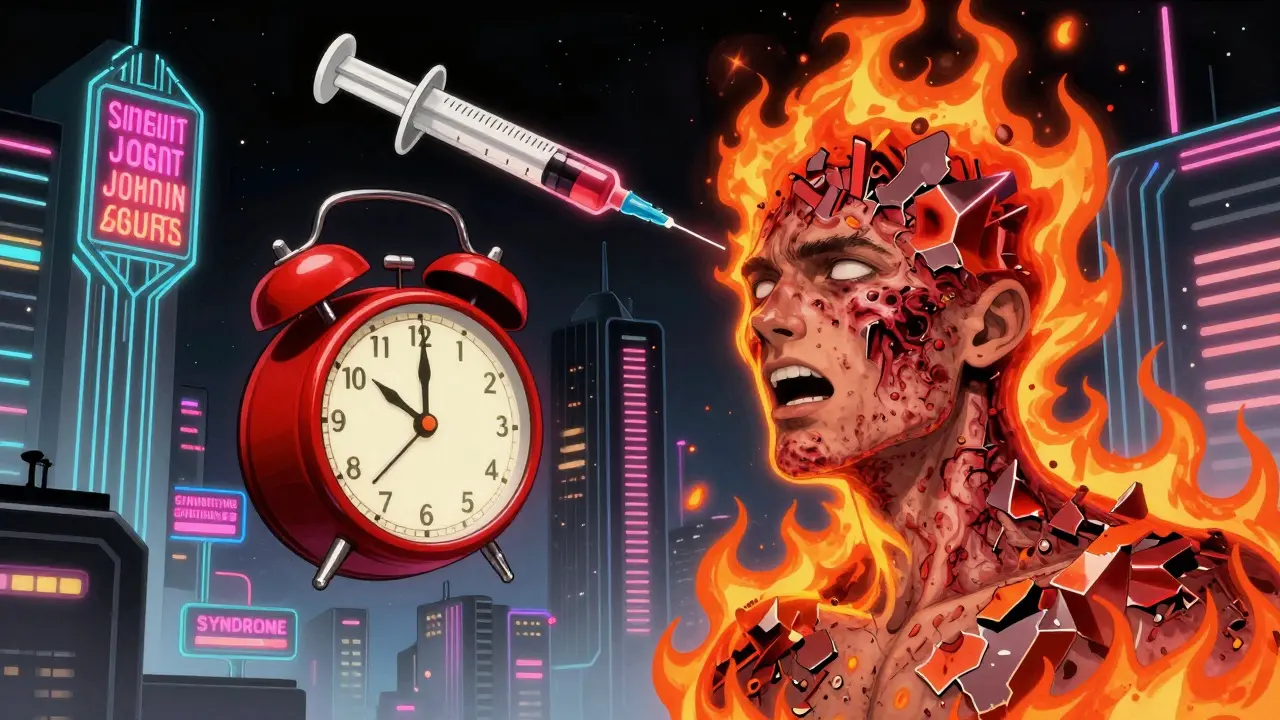 A person's skin peeling into geometric shards with a warning clock and syringe looming, set in a neon dystopian cityscape.