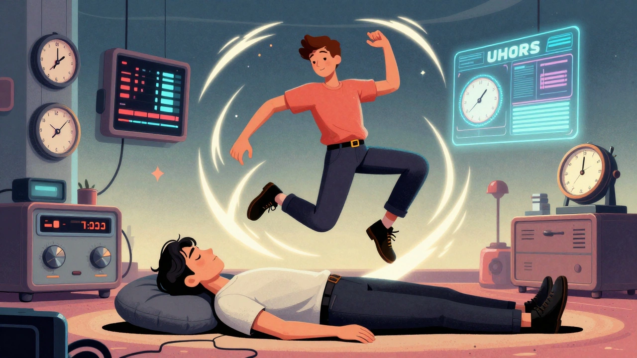 A person experiences jerky, neon-lit chorea movements while sleeping peacefully below.