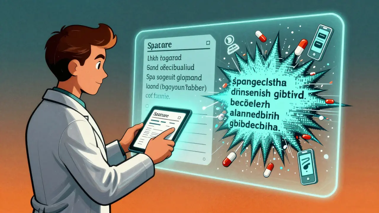 A pharmacist comparing accurate and machine-generated translation versions on a holographic screen.