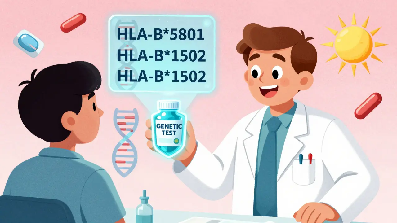 A pharmacist handing a patient a glowing pill bottle with DNA holograms showing genetic markers, in retro-futuristic comic style.