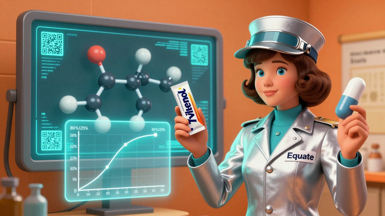 A pharmacist holding two identical pills with a holographic bioequivalence graph showing their identical absorption rates.