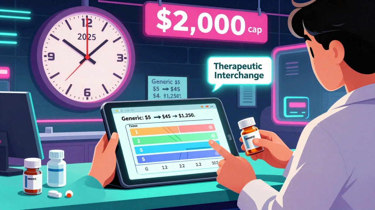 A pharmacist swaps a pill bottle without telling the patient, while a formulary chart and rising price tags glow in a neon-lit 1980s-style pharmacy.