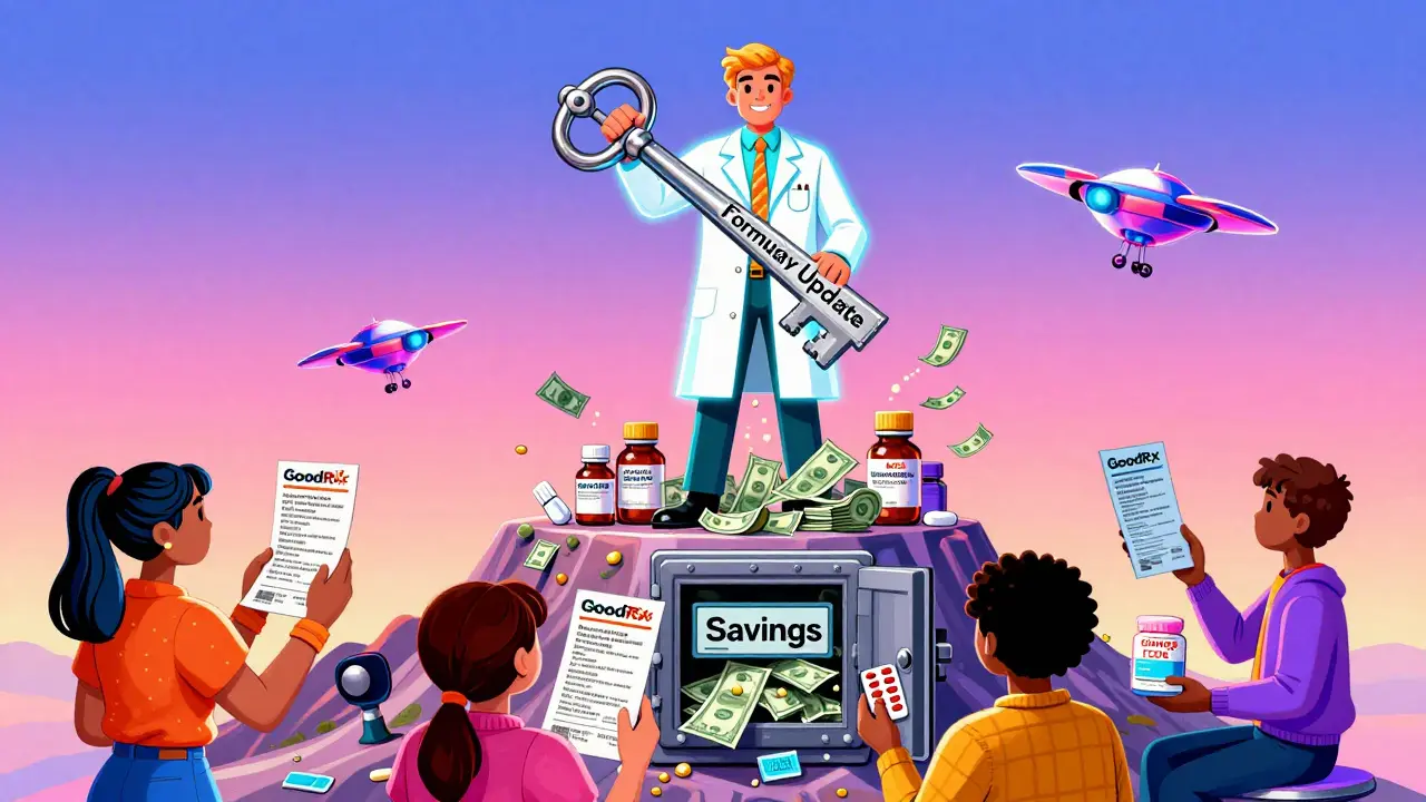 A pharmacist unlocks savings vault as combo pills flow to patients in a retro-futuristic world.