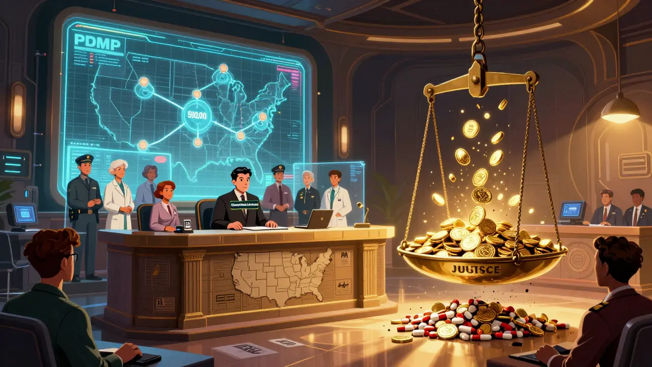 A retro-futuristic courtroom where QuickMedsOnline.com is fined 0,000 as counterfeit pills disintegrate.