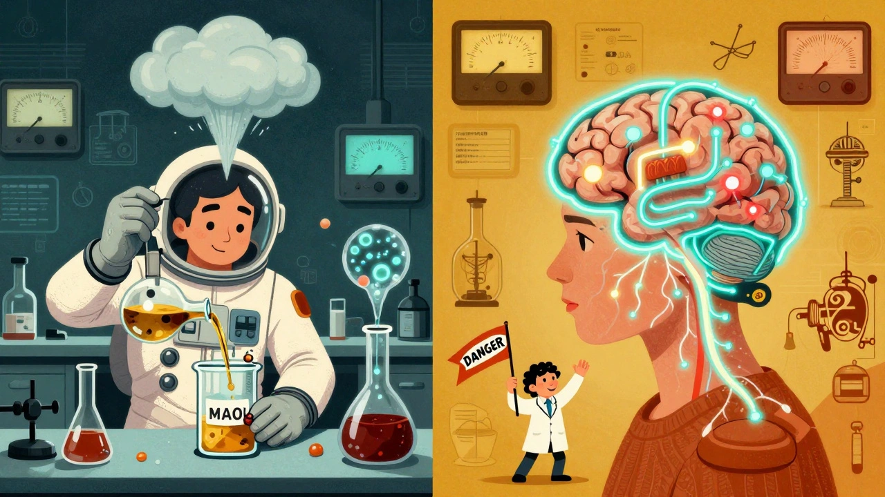 A retro-futuristic lab scene showing norepinephrine reacting with an MAOI, while a patient&#039;s brain glows with overloaded signals.