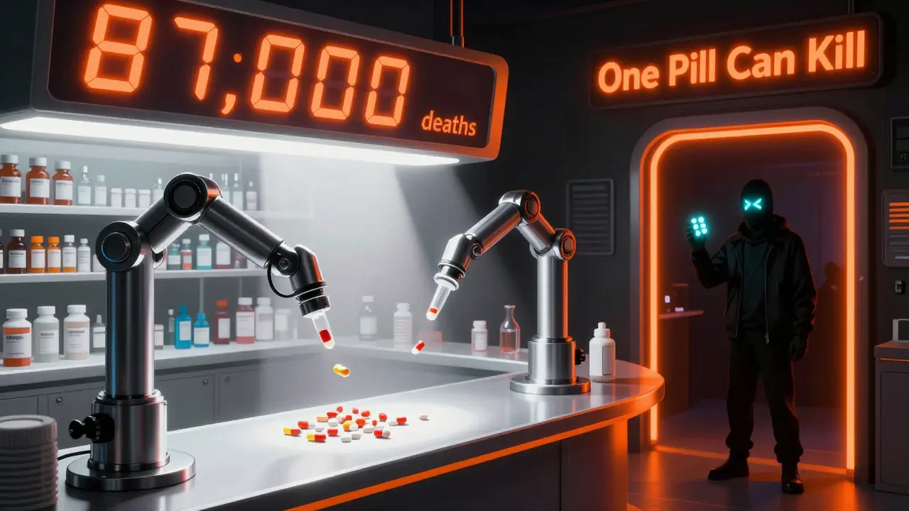 A robotic pharmacy dispenses real pills under bright light, while a shadowy vendor offers deadly fake pills through a neon portal.