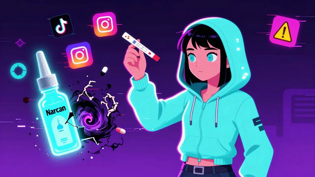 A teen tests a pill with a strip as dark smoke and skeletal hands emerge, while Narcan hovers nearby with social media icons dissolving.