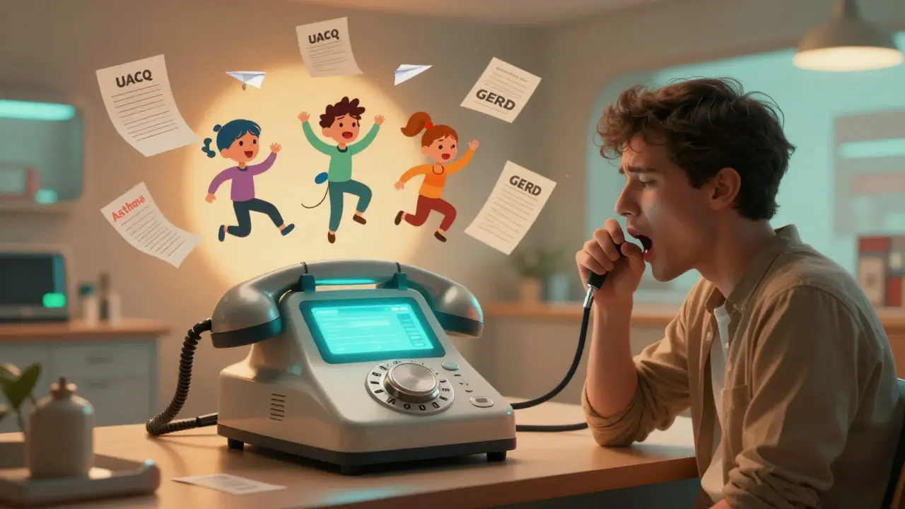 A vintage-style phone analyzes a cough, with three animated condition avatars dancing above it in a futuristic clinic.