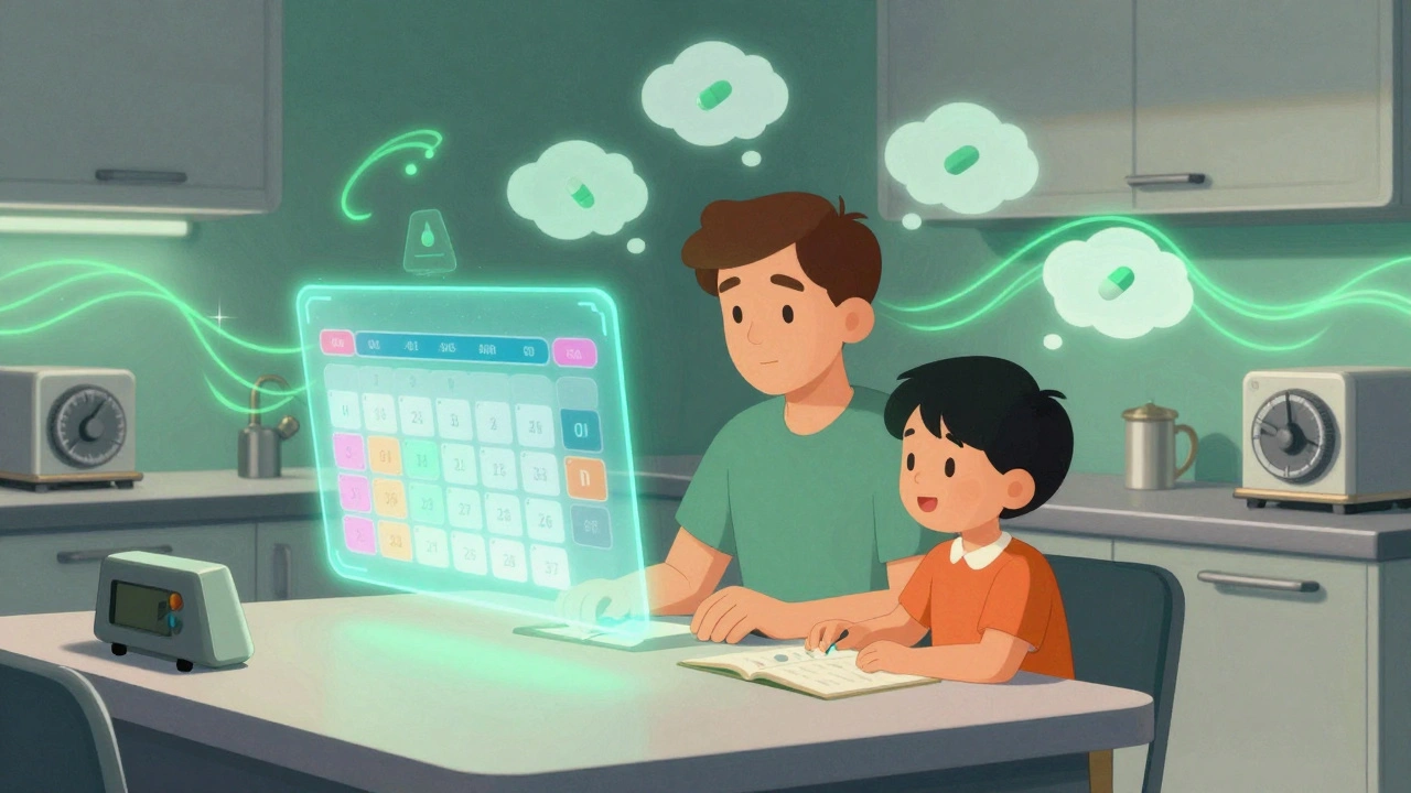 An adult and child at a table with a holographic calendar, calm energy waves soothing thought bubbles in retro-futuristic kitchen setting.