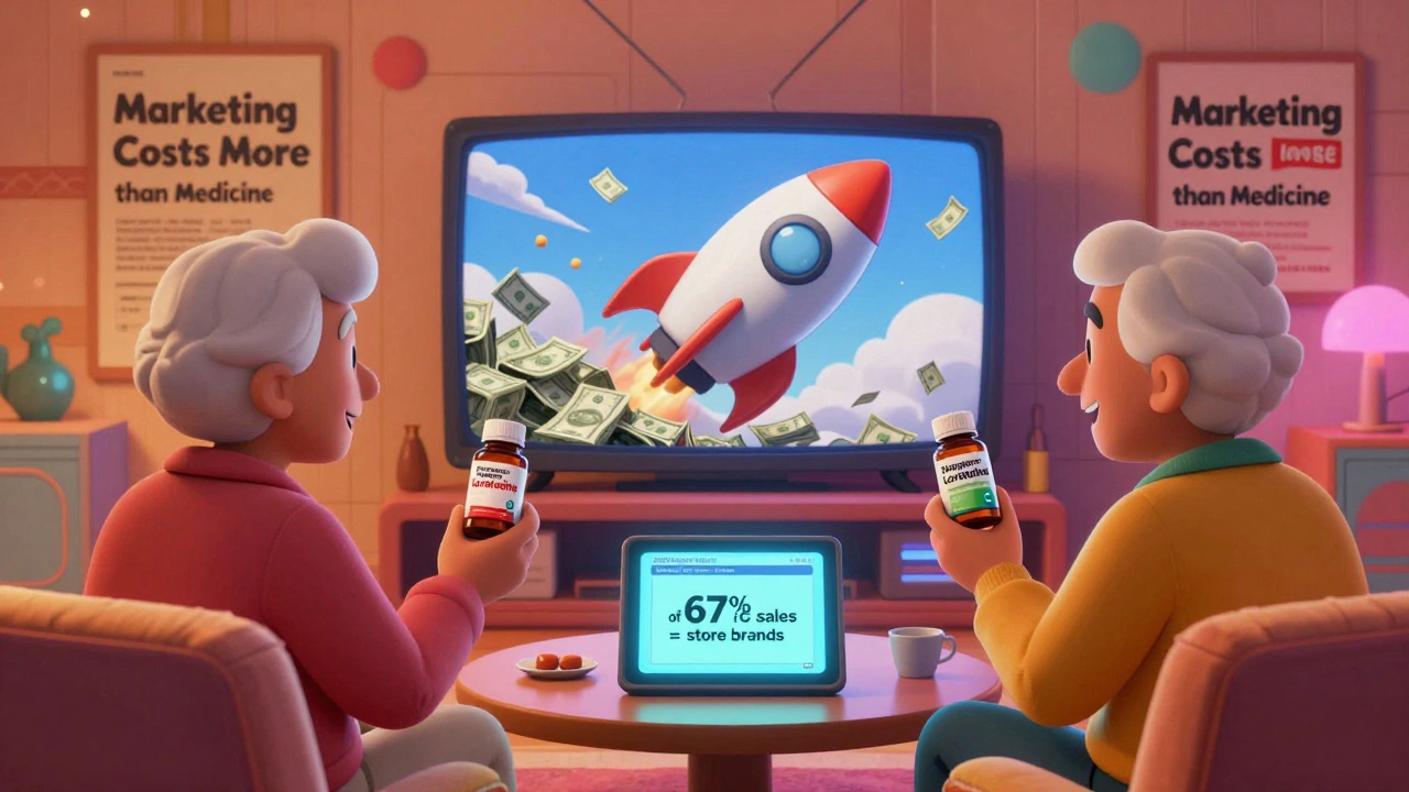An elderly couple at home holding store-brand allergy pills while a TV shows a name-brand medicine rocket crashing into cash.