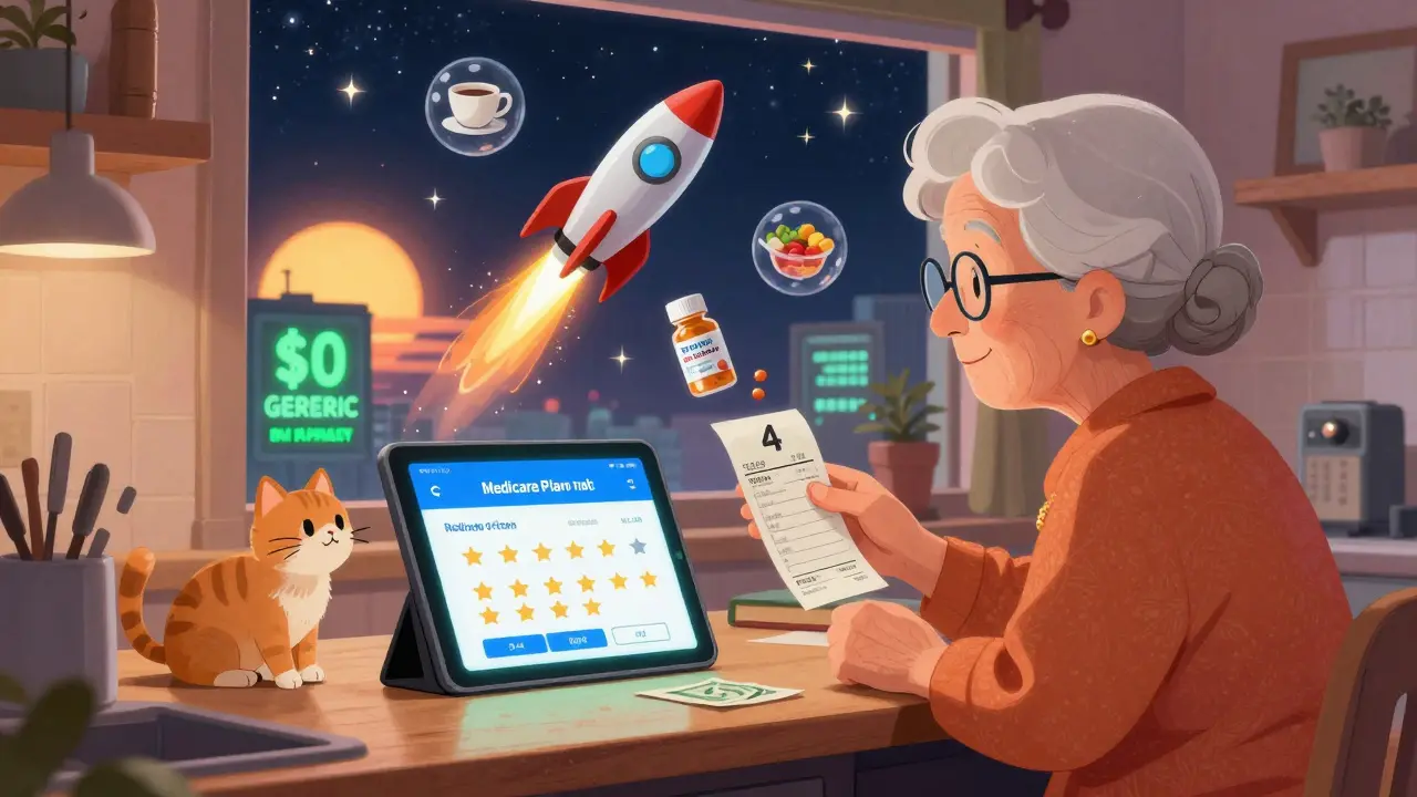 An elderly woman compares cash prices on a tablet while a 0 pill turns into a rocket heading toward a 2025 00 cap banner.