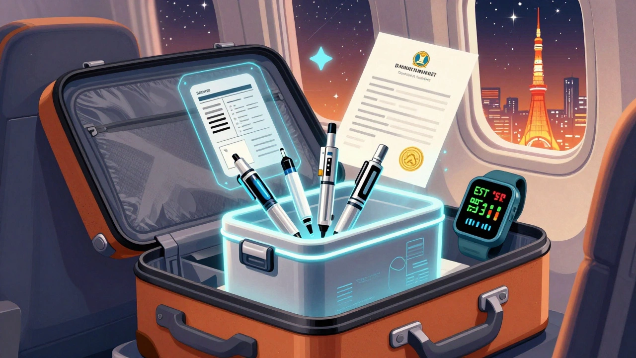 Carry-on bag with insulin cooler, floating prescriptions, and time zone alarms in a retro-futuristic airplane cabin.