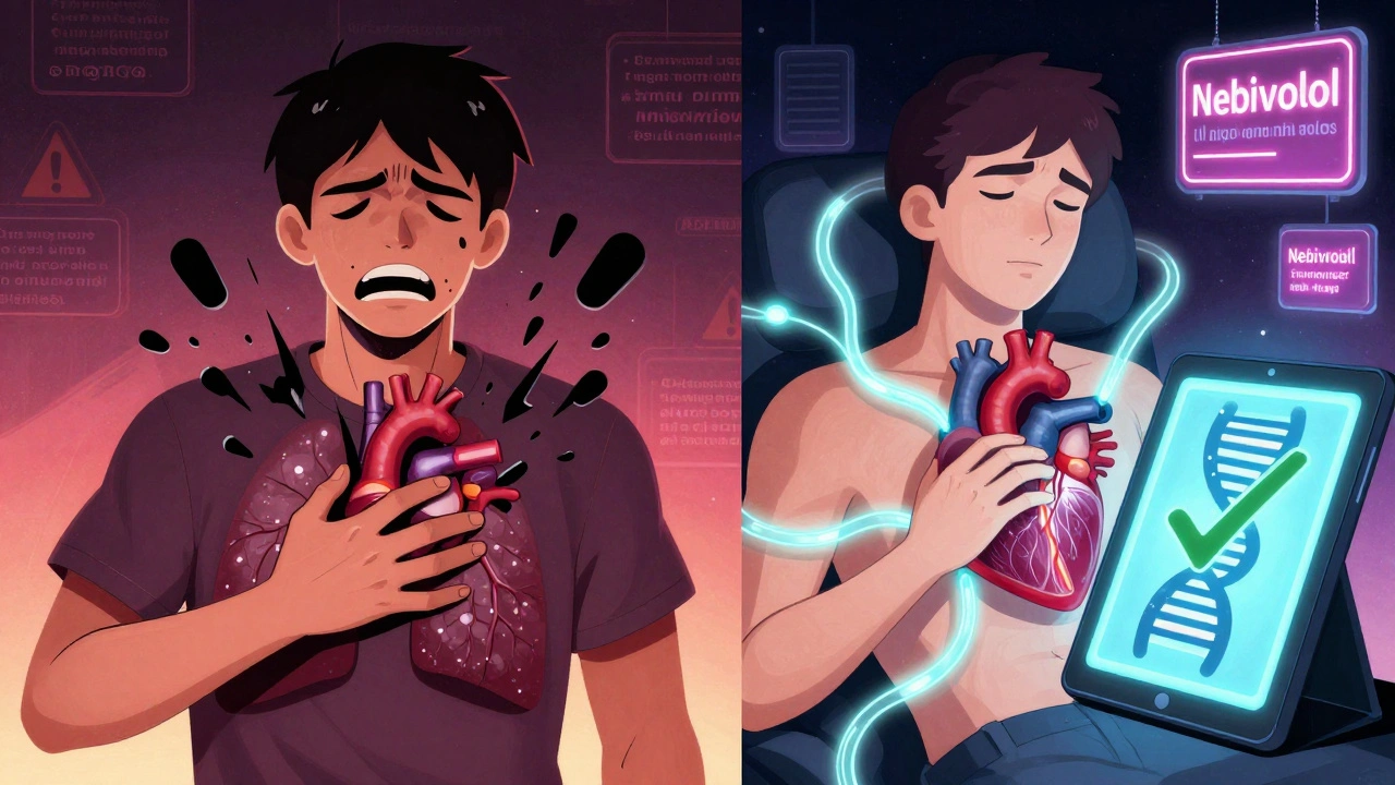 Contrasting scenes: one person suffering from harmful beta-blockers, another thriving with nebivolol’s gentle vasodilation.