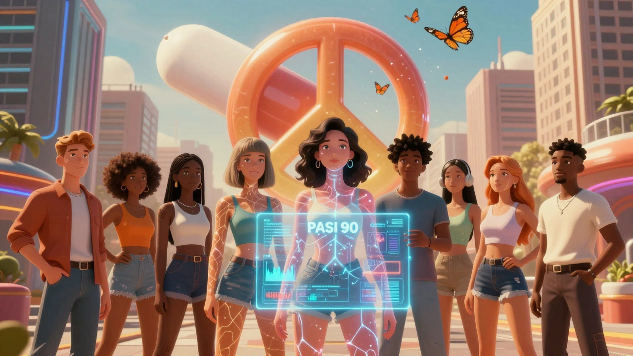 Diverse group with clear skin connected to holographic health data, a peace-sign pill turning into butterflies in retro-futurism art.