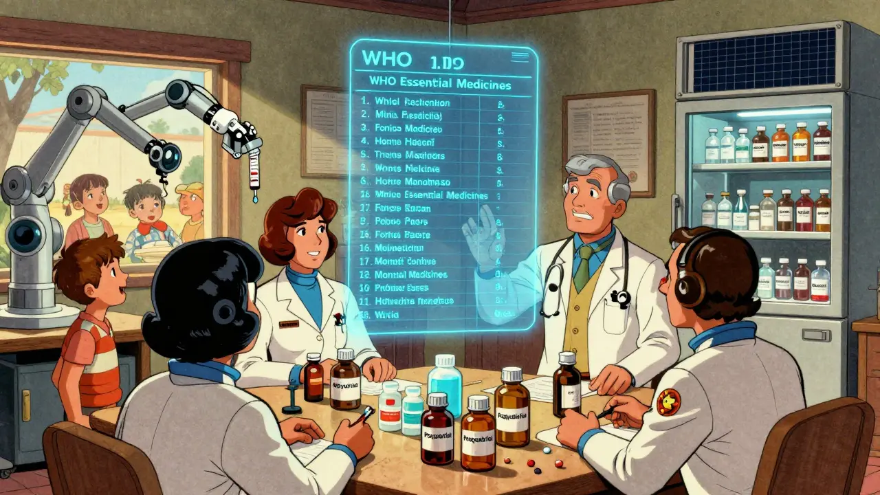 Doctors reviewing a holographic WHO medicine list while a robot dispenses pediatric syrups in a 1970s sci-fi setting.