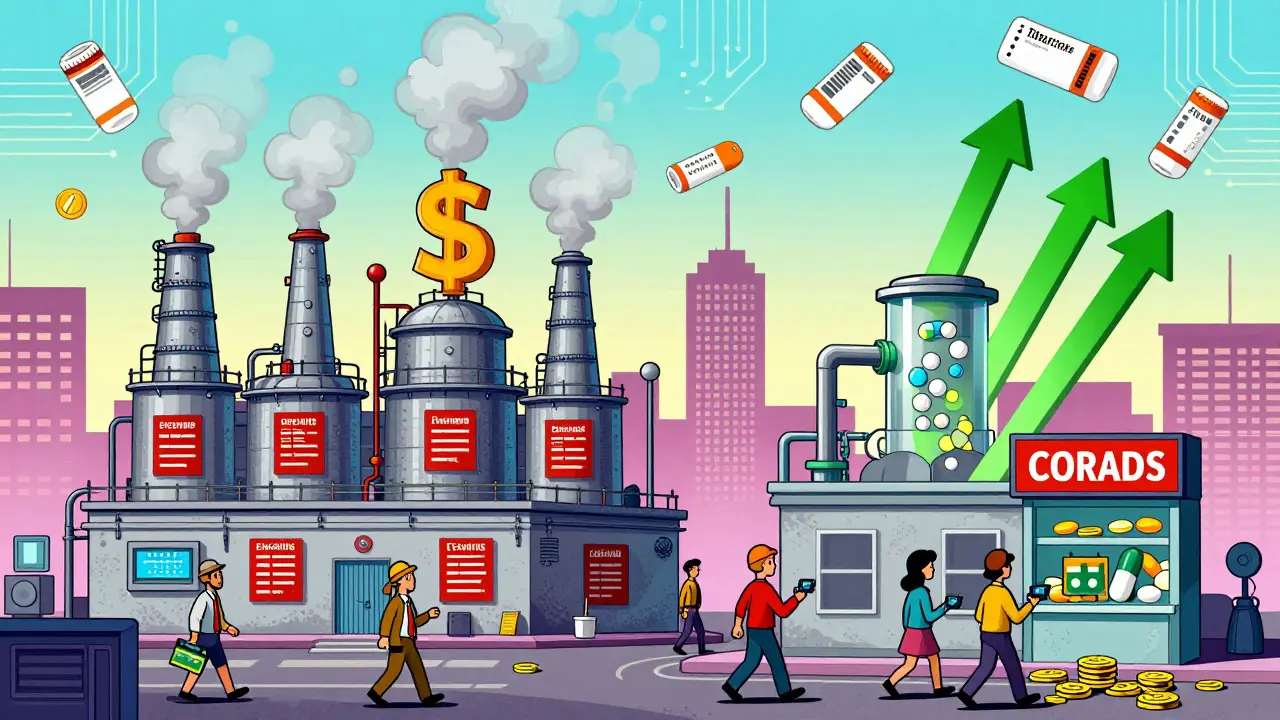 Factories produce expensive generics vs. efficient combo pills in a neon-lit retro-futuristic city.