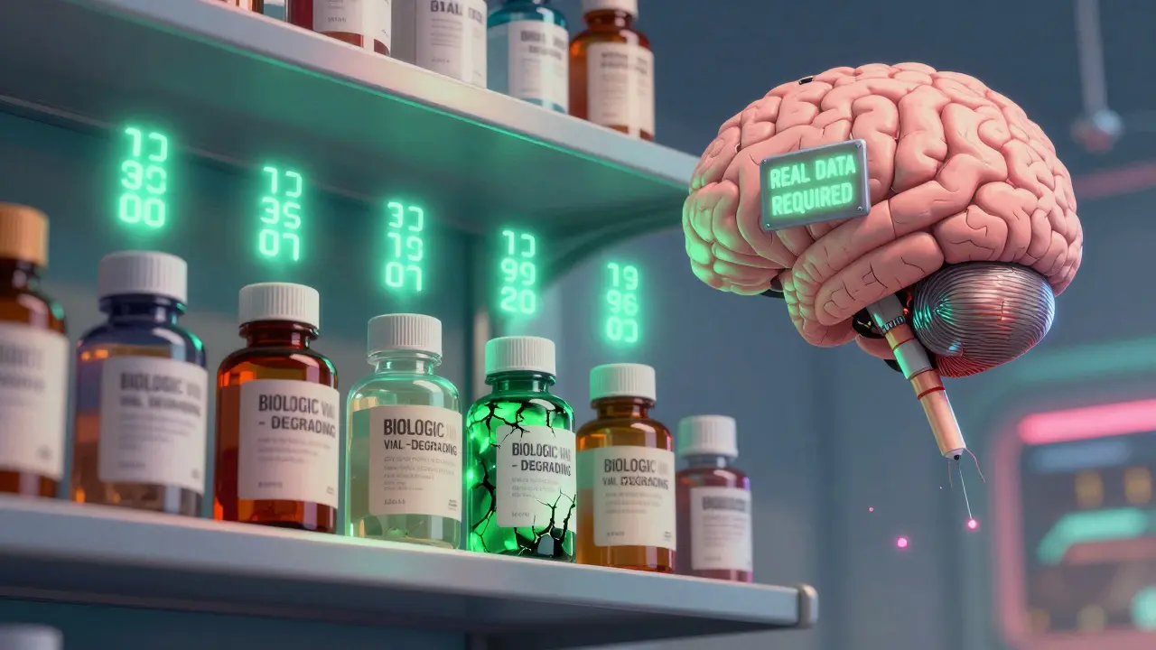 Futuristic pharmacy shelf with floating expiration dates and a glowing warning from an AI brain about biologic degradation.