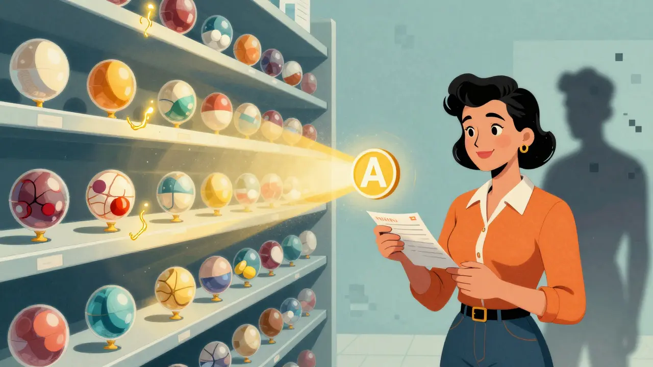 Generic pills float like space buoys, each emitting identical golden absorption waves toward an FDA 'A' rating symbol.